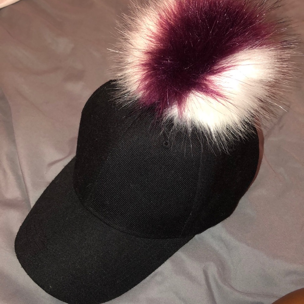Black Cap with White & Maroon Puffball